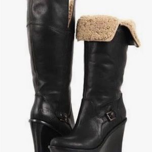 UGG Sidonie Boots Black Leather Genuine Shearling Platform Wedge Size 11
